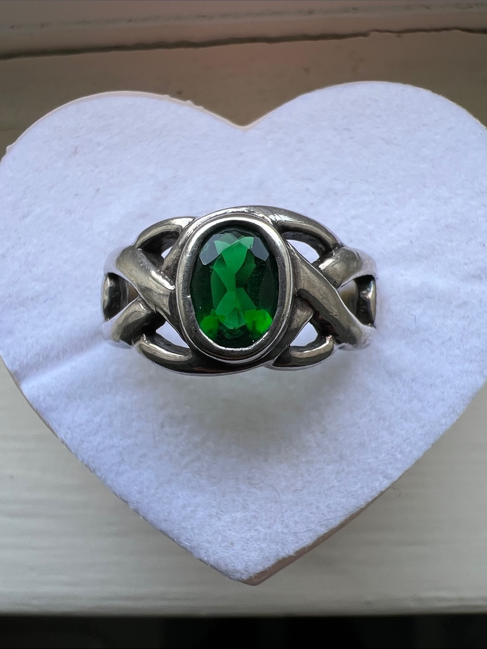 Sterling-Style Ring with Oval Emerald Green Gem and Celtic-Inspired Band